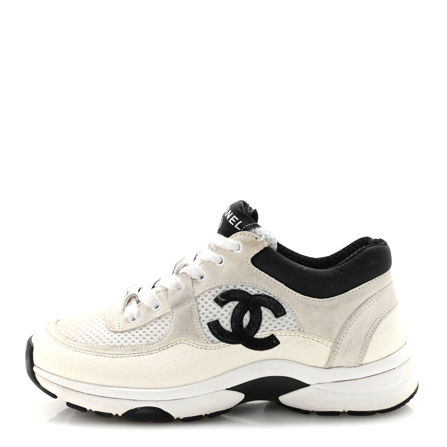 Mesh Suede Calfskin Grained Calfskin Womens CC Sneakers 36 White Black