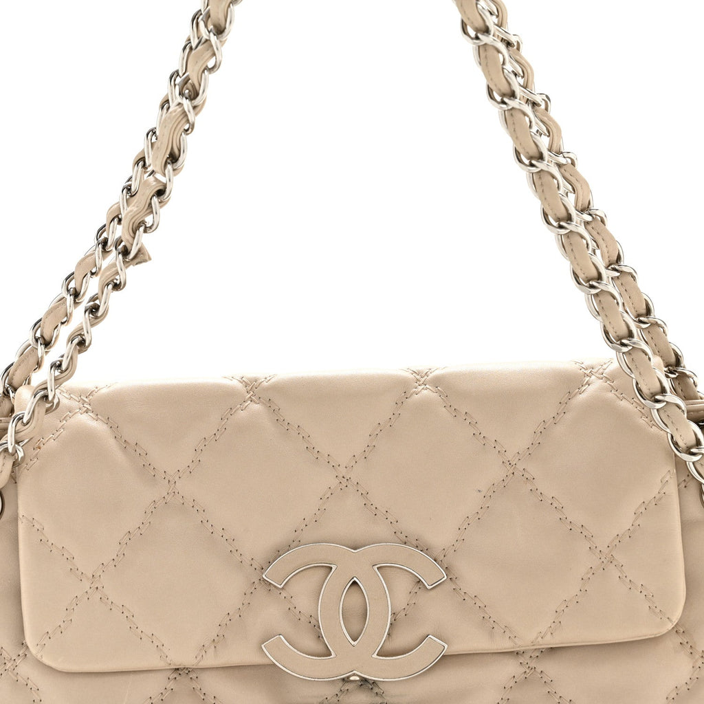 Chanel Calfskin Double Stitch Large Hamptons Flap Bag Beige