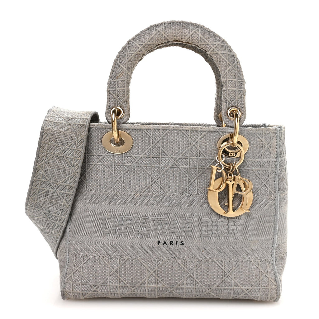 Christian Dior Canvas Embroidered Cannage Medium Lady D-Lite Gray
