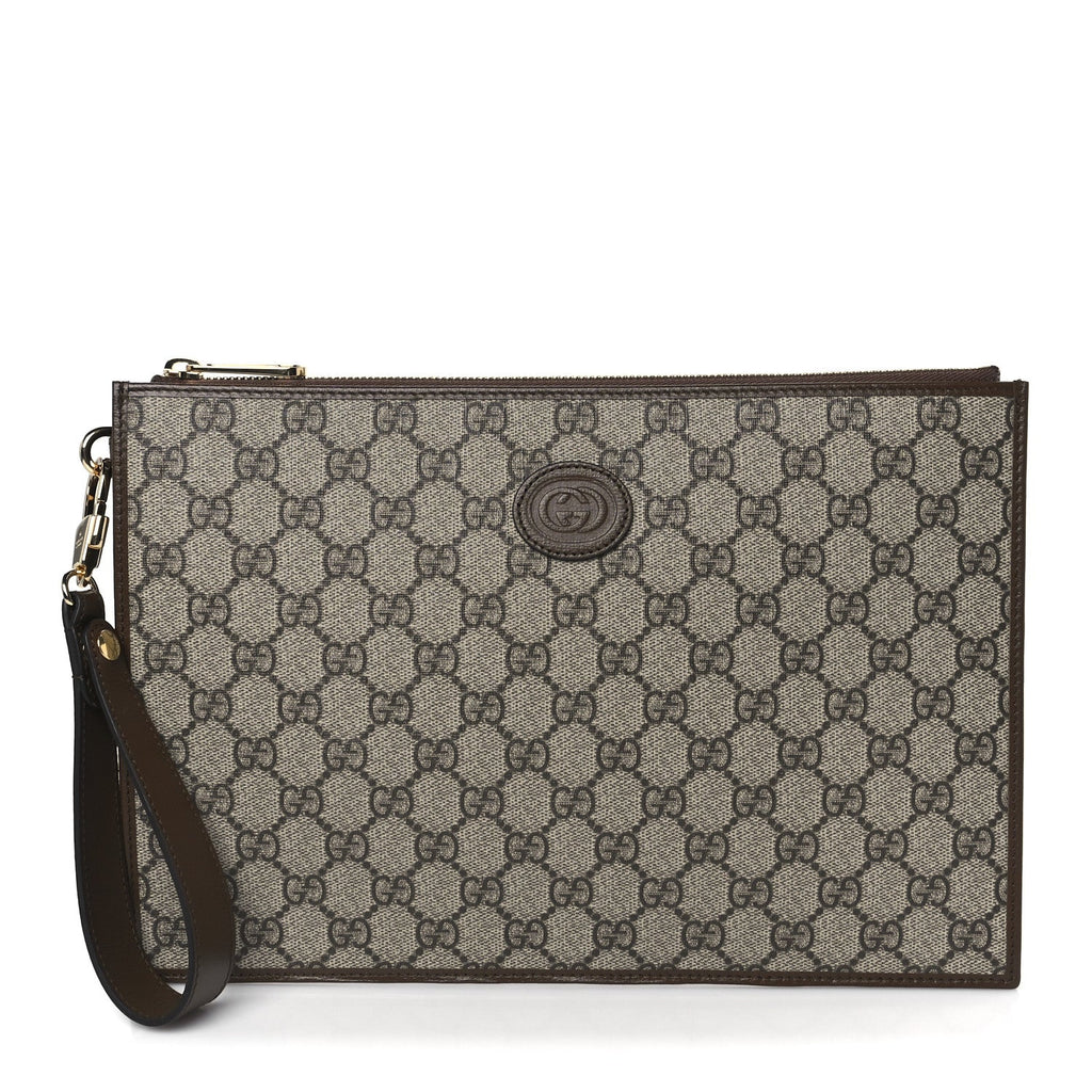 Gucci GG Supreme Monogram Azalea Calfskin Retro Interlocking G Wristlet Pouch Beige Ebony Brown Sugar
