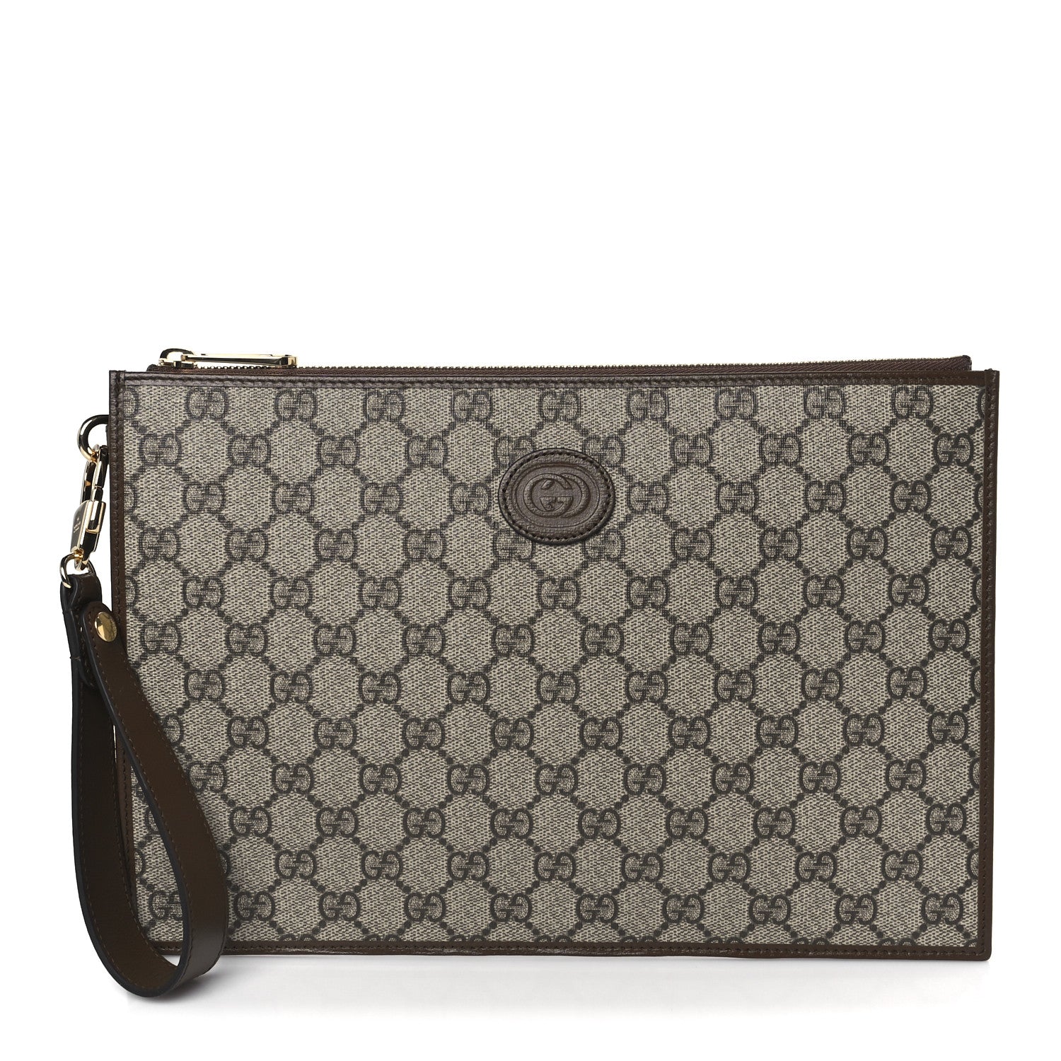 Gucci GG Supreme Monogram Azalea Calfskin Retro Interlocking G Wristlet Pouch Beige Ebony Brown Sugar