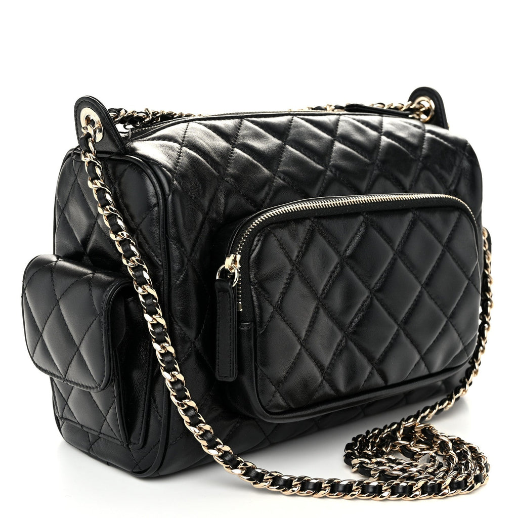 Chanel Shiny Crumpled Lambskin Quilted Medium Preppy Pocket Camera Case Black