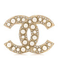 Metal Crystal Graduated Pearl CC Brooch Gold
