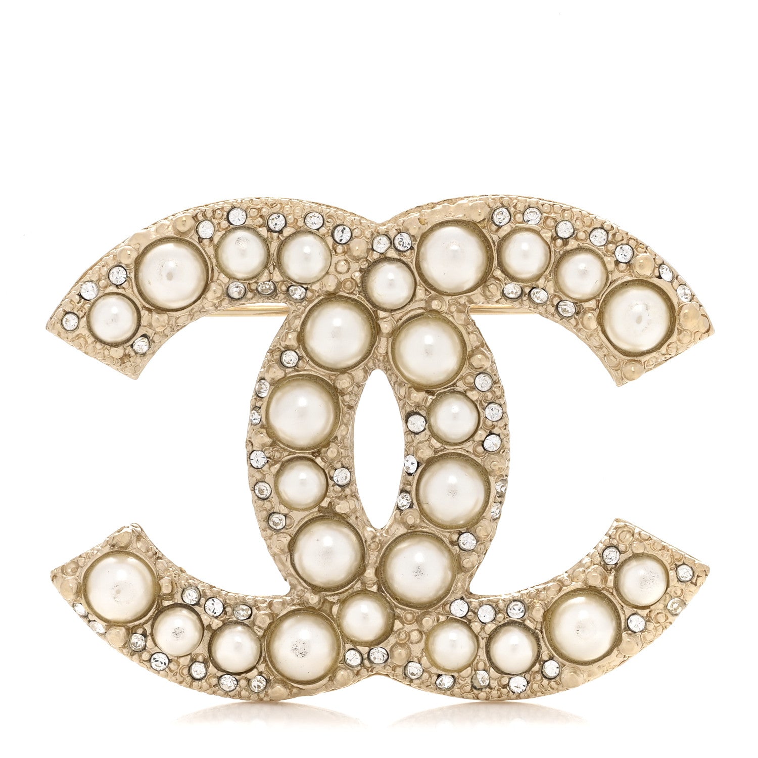 Metal Crystal Graduated Pearl CC Brooch Gold