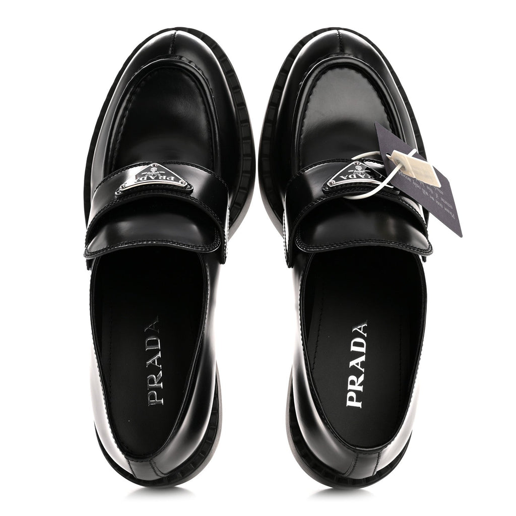 Prada Spazzolato Metal Triangle Logo 50mm Loafers 40.5 Black