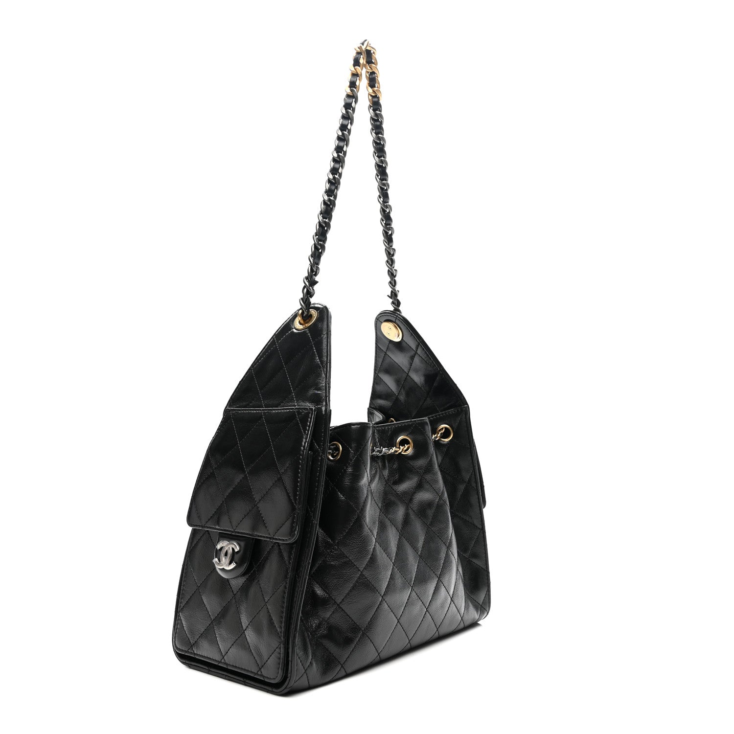 Chanel Shiny Crumpled Calfskin Quilted Small Chanel 25 Handbag Black