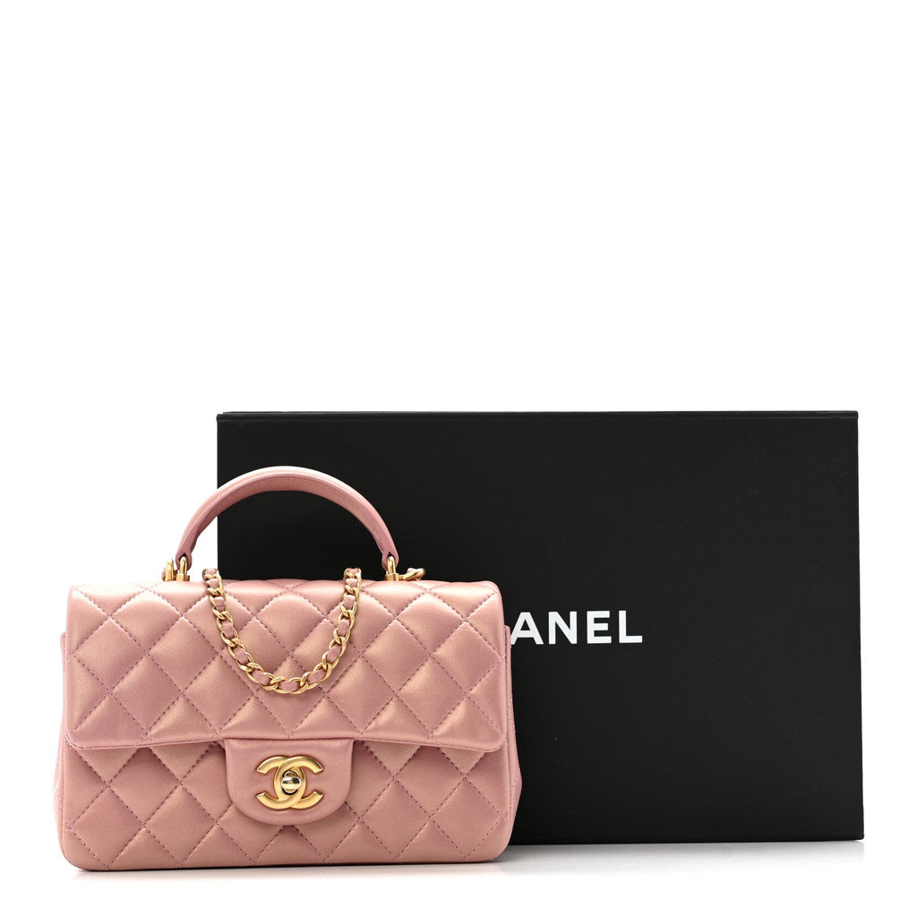 Chanel Iridescent Lambskin Quilted Mini Top Handle Rectangular Flap Pink