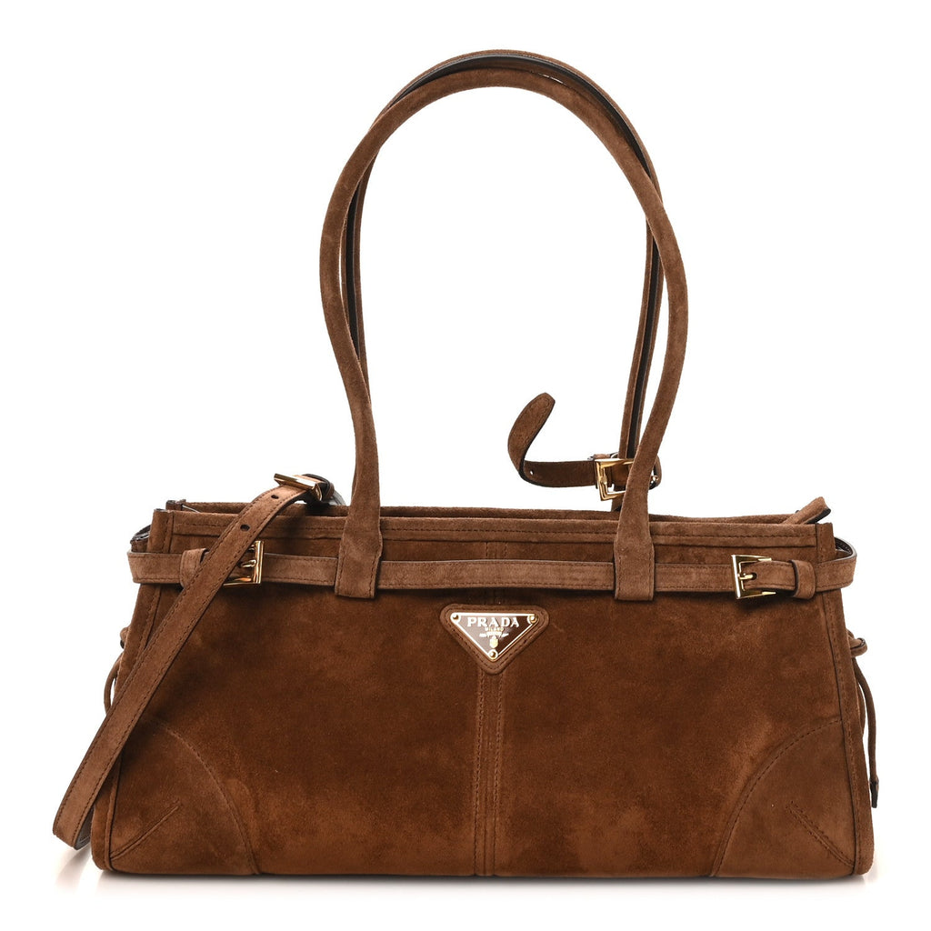 Prada Suede Triangle Medium Bonnie Shoulder Bag Cacao