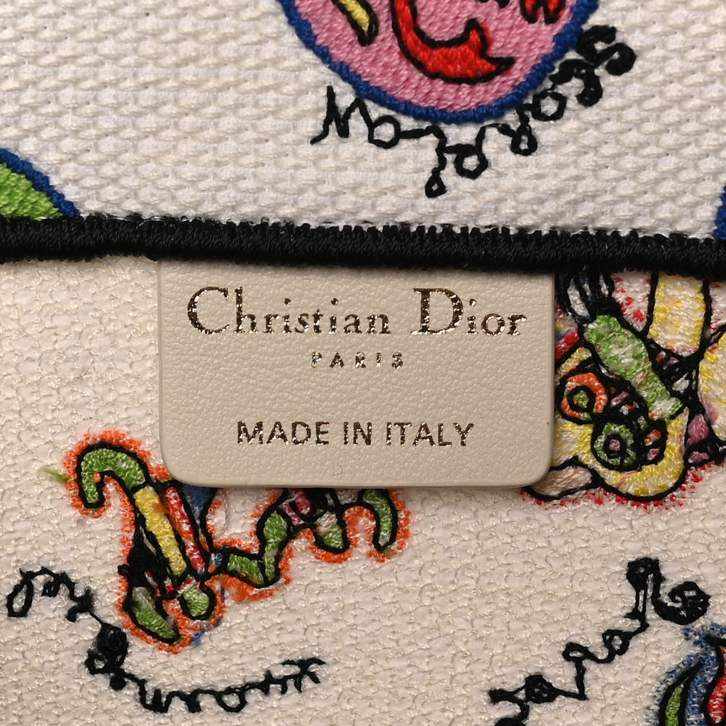 Christian Dior Canvas Embroidered Dragon Zodiac Medium Book Tote White Multicolor