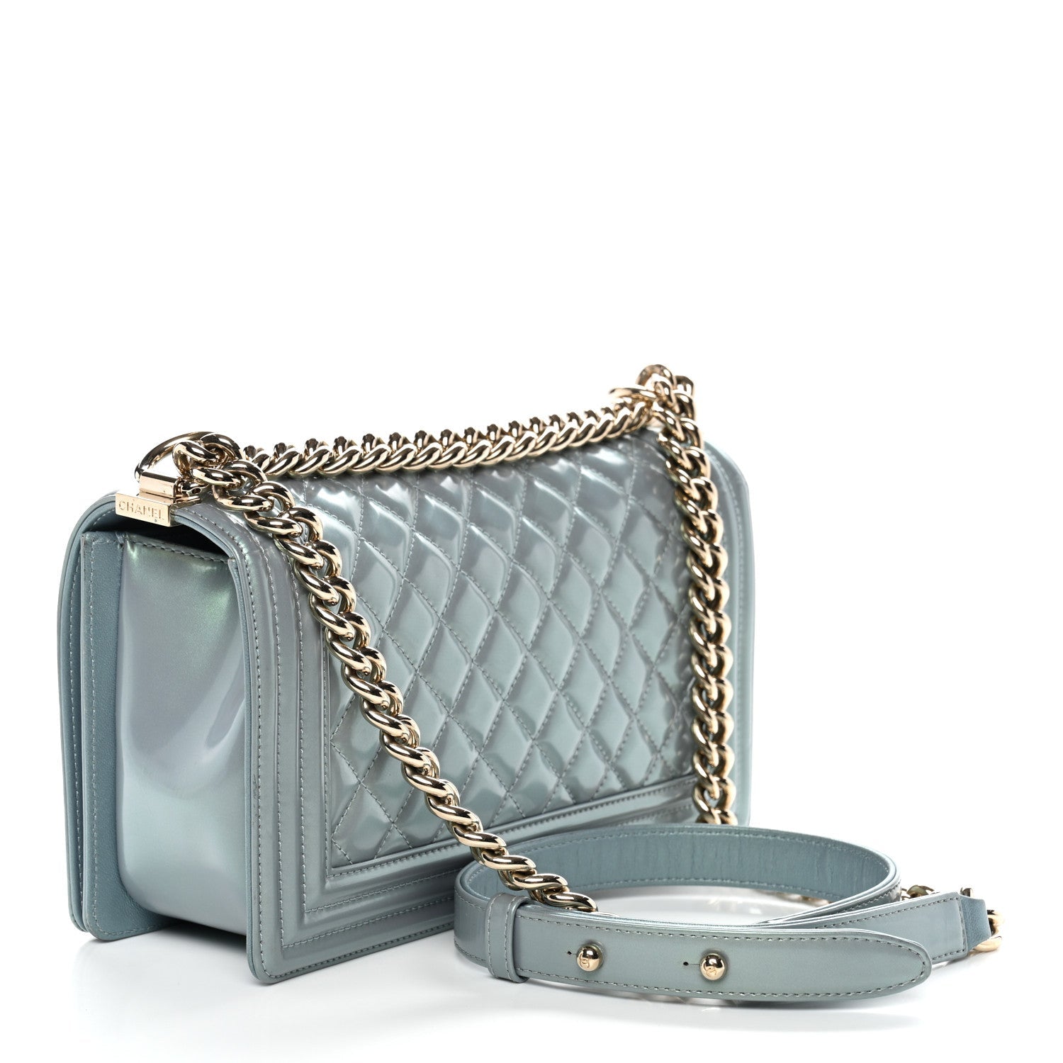 Chanel Iridescent Patent Calfskin Quilted Medium Boy Flap Light Blue