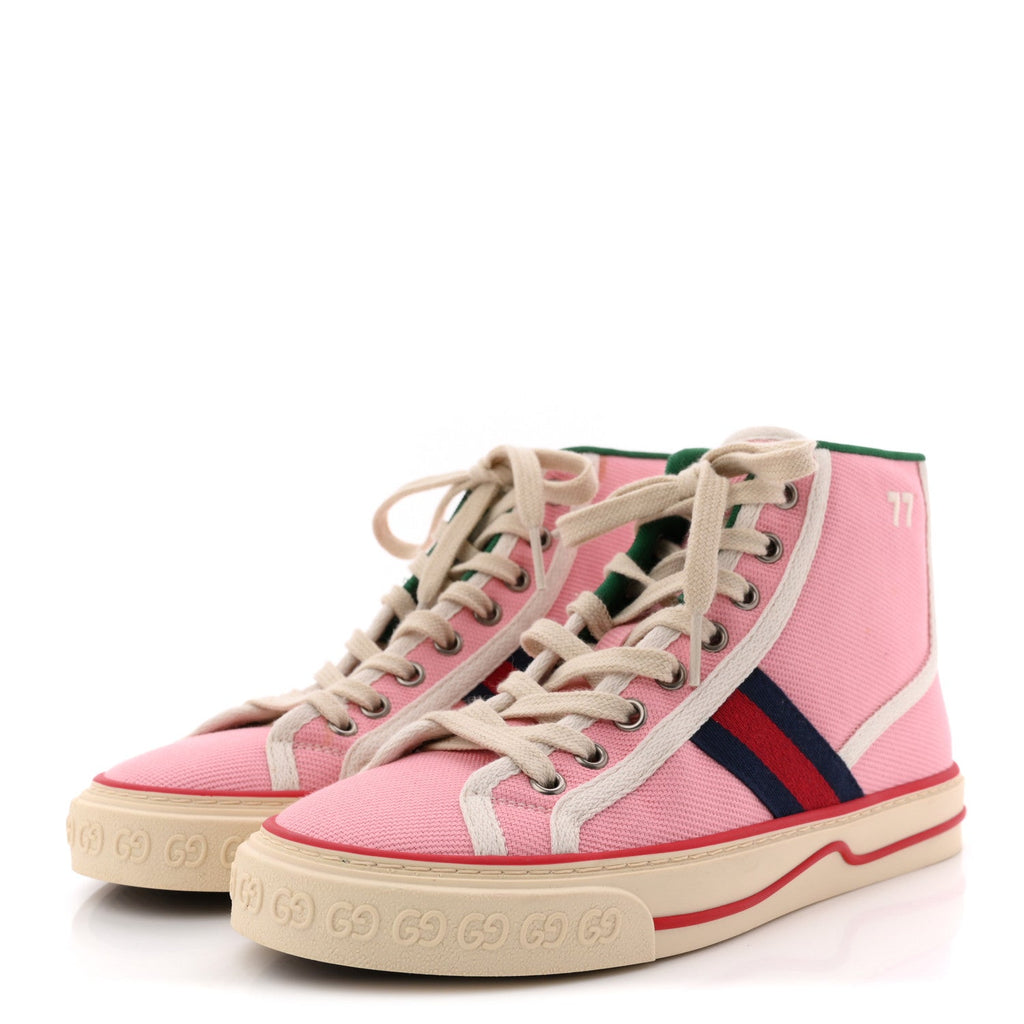 Gucci Canvas Web Womens 1977 Tennis High Top Sneakers 36 Wild Rose Mystic White