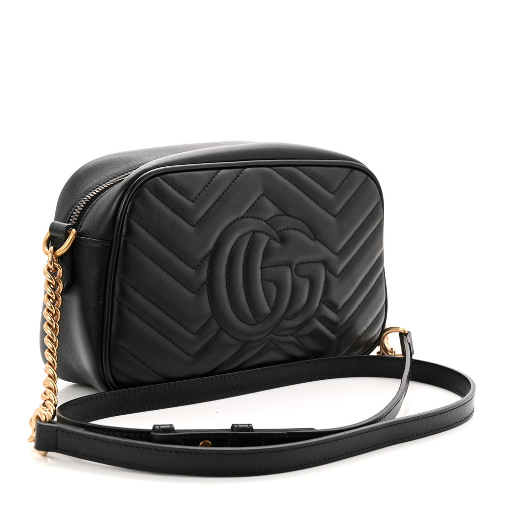 Gucci Calfskin Matelasse Small GG Marmont Chain Shoulder Bag Black
