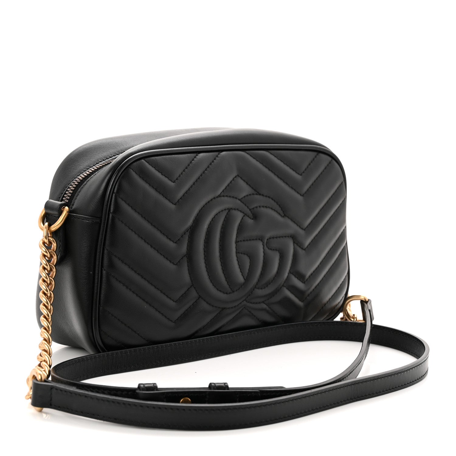 Gucci Calfskin Matelasse Small GG Marmont Chain Shoulder Bag Black