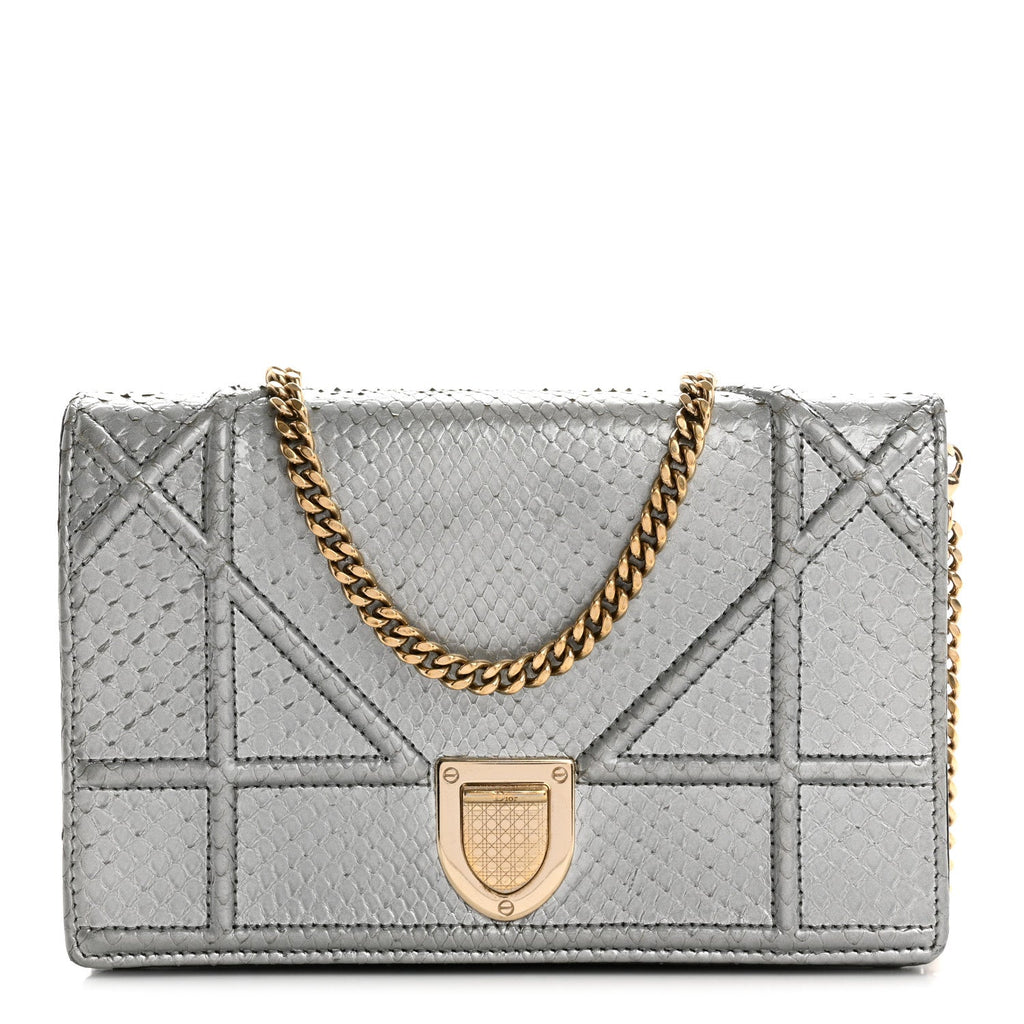 Christian Dior Snakeskin Diorama Wallet on Chain Pouch Silver