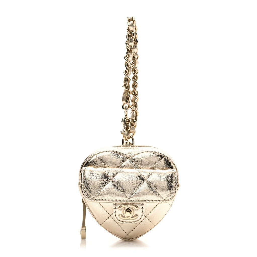 Metallic Lambskin Quilted CC Mini In Love Heart Bag Charm Gold