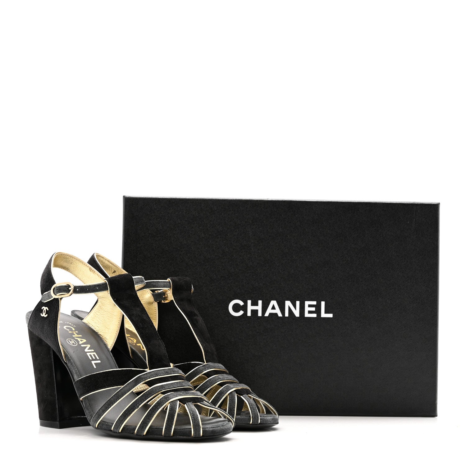 Chanel Suede Calfskin Peep Toe Ankle Strap Pumps 37 Black Grey