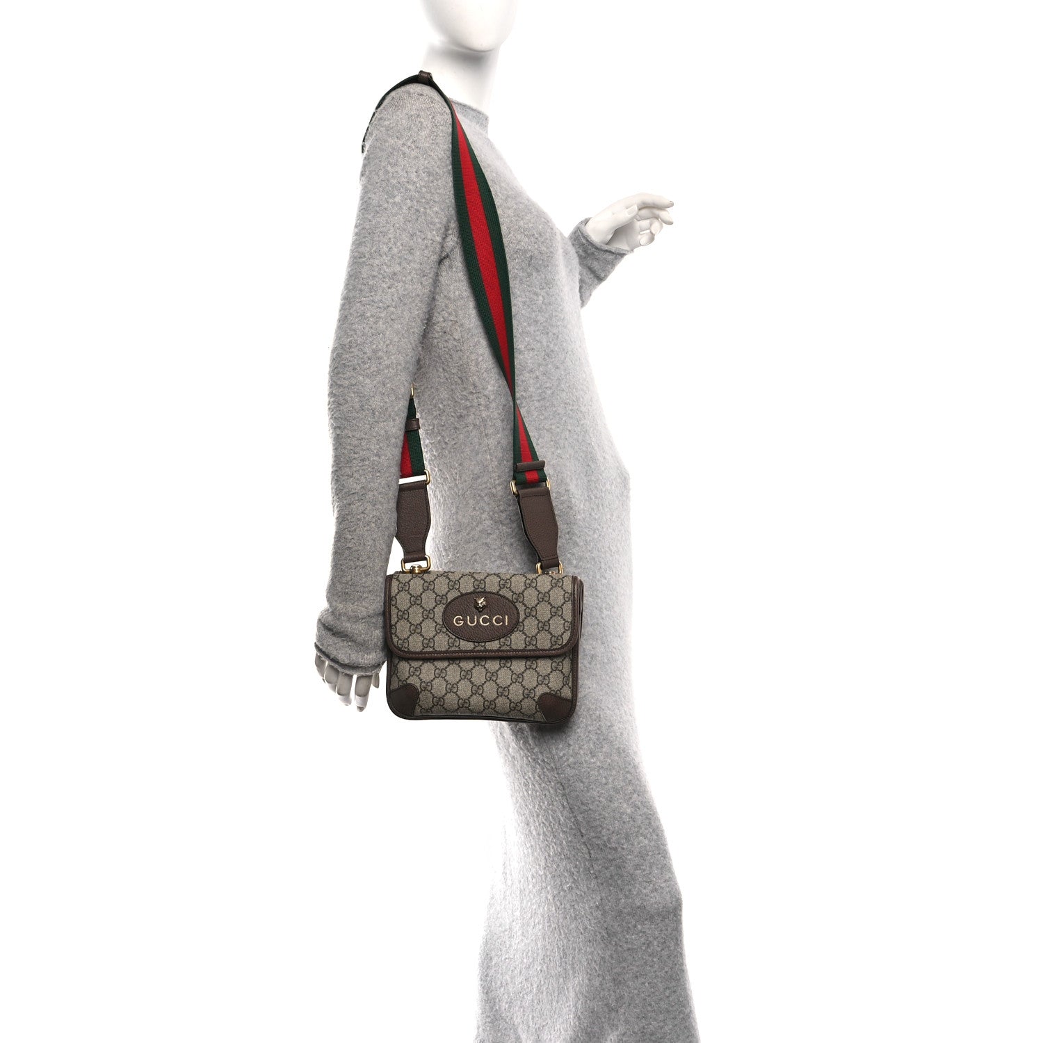 Gucci GG Supreme Monogram Web Small Neo Vintage Double Flap Messenger Bag Beige New Acero