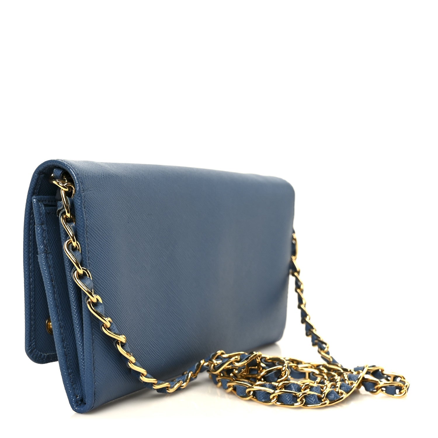 Prada Saffiano Metal Oro Chain Wallet Cobalto