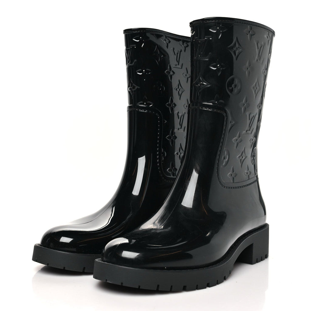 Louis Vuitton Rubber Embossed Monogram Splash Rain Short Boots 38 Black