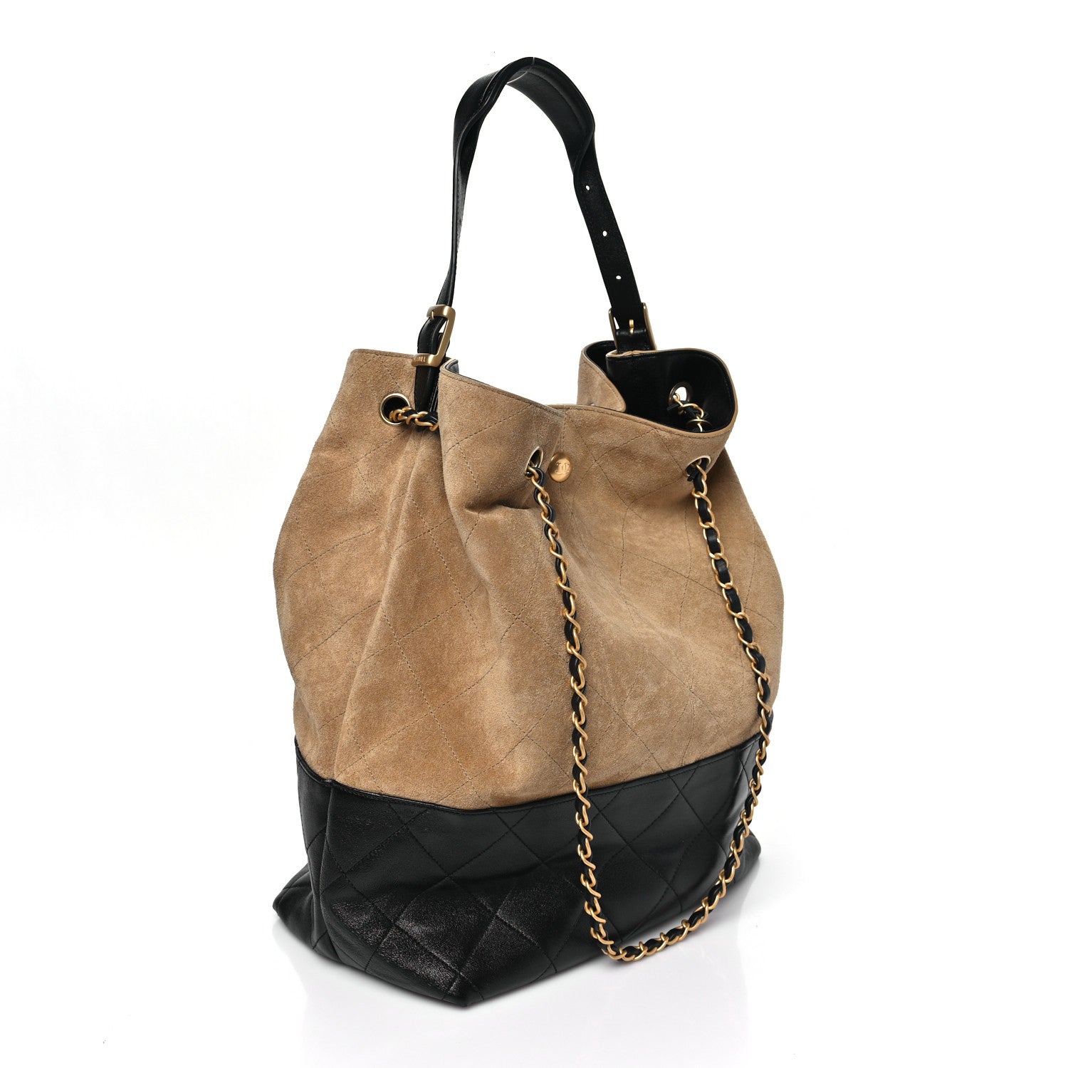 Chanel Suede Shiny Lambskin Quilted Large Shopping Bag Beige Black