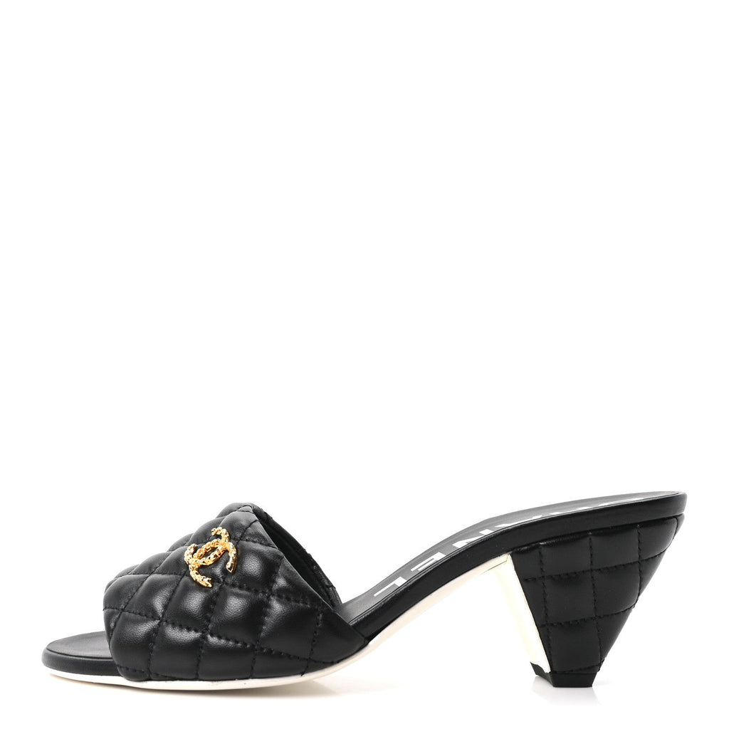 Lambskin Quilted Textured CC Mules 39 Black