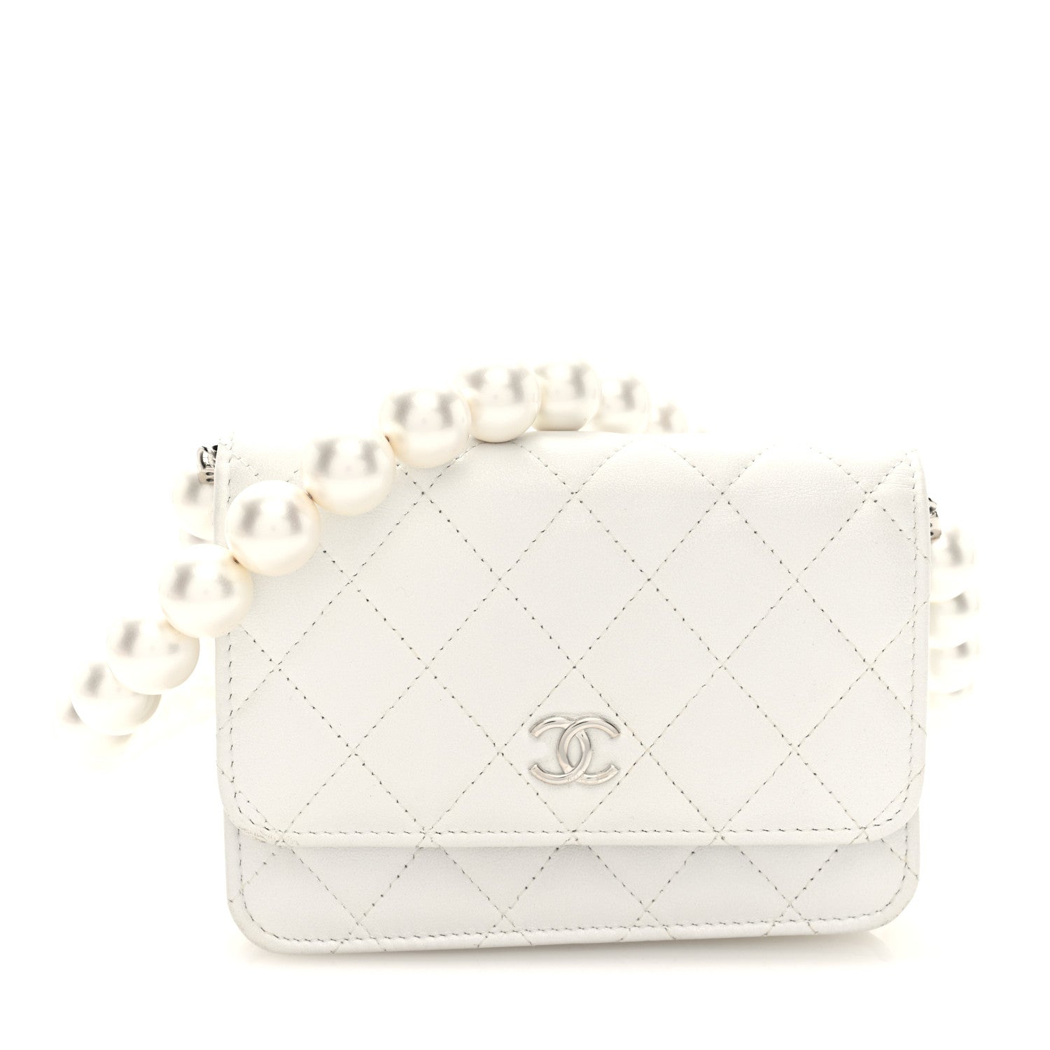 Chanel Lambskin Quilted Mini Pearl Wallet On Chain WOC White