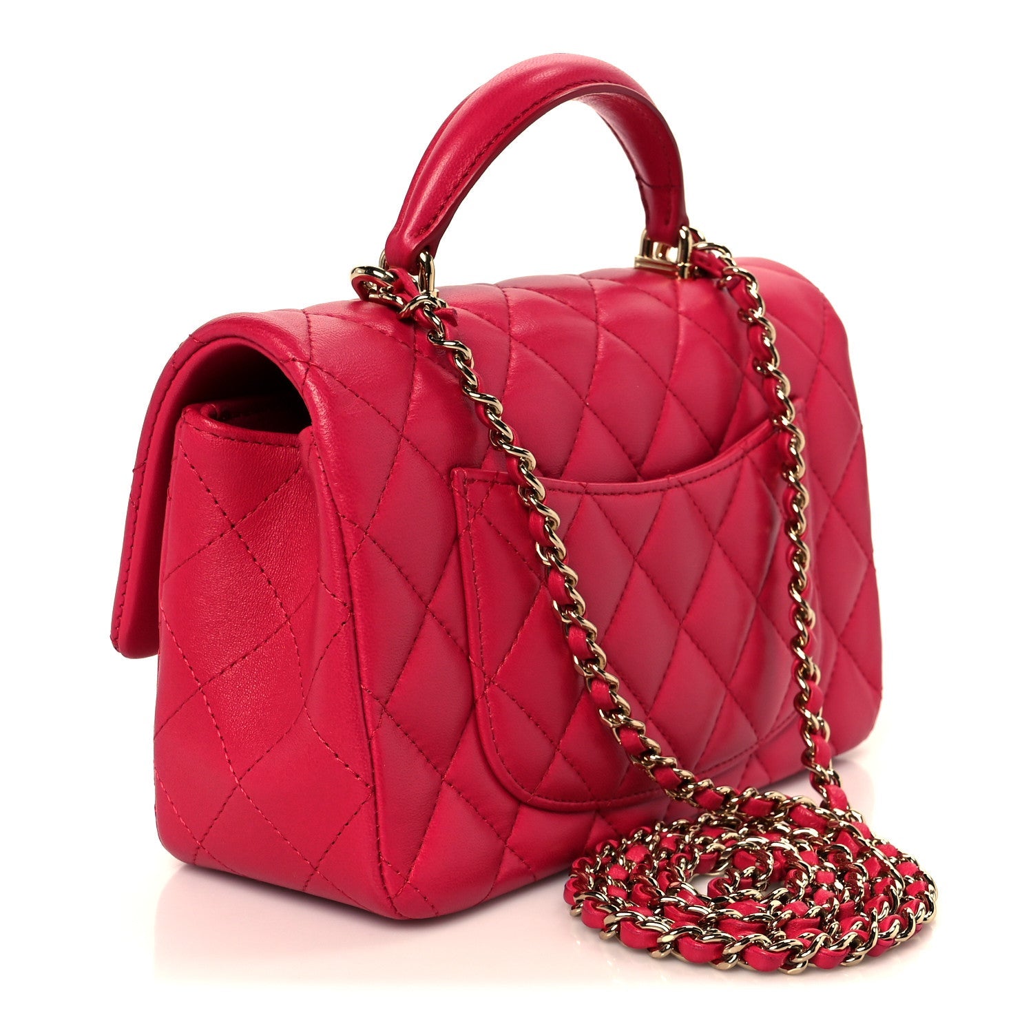 Chanel Lambskin Quilted Mini Top Handle Rectangular Flap Fuchsia