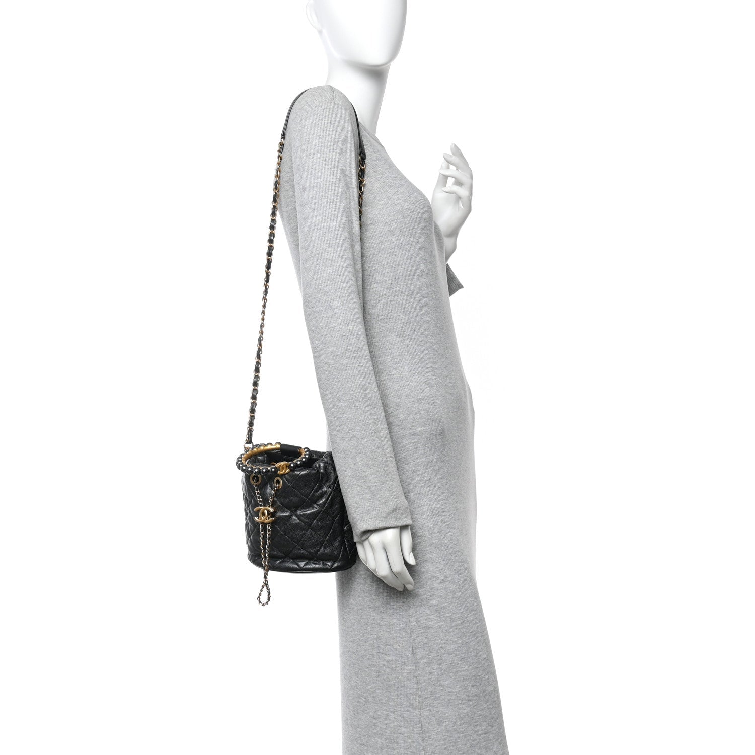 Chanel Metallic Lambskin Quilted Pearl Crown Drawstring Bag Anthracite