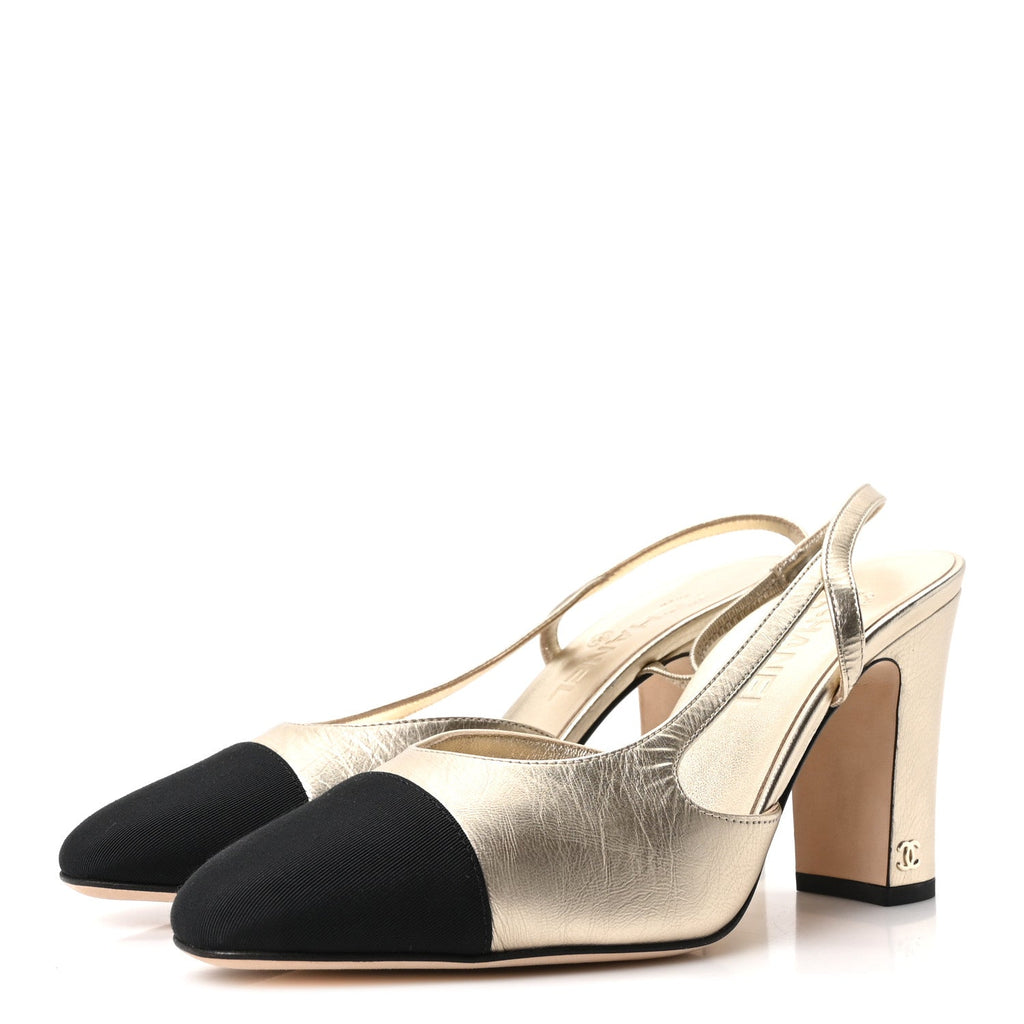 Laminated Crumpled Lambskin Grosgrain Cap Toe CC Slingback Pumps 39.5 Gold Black