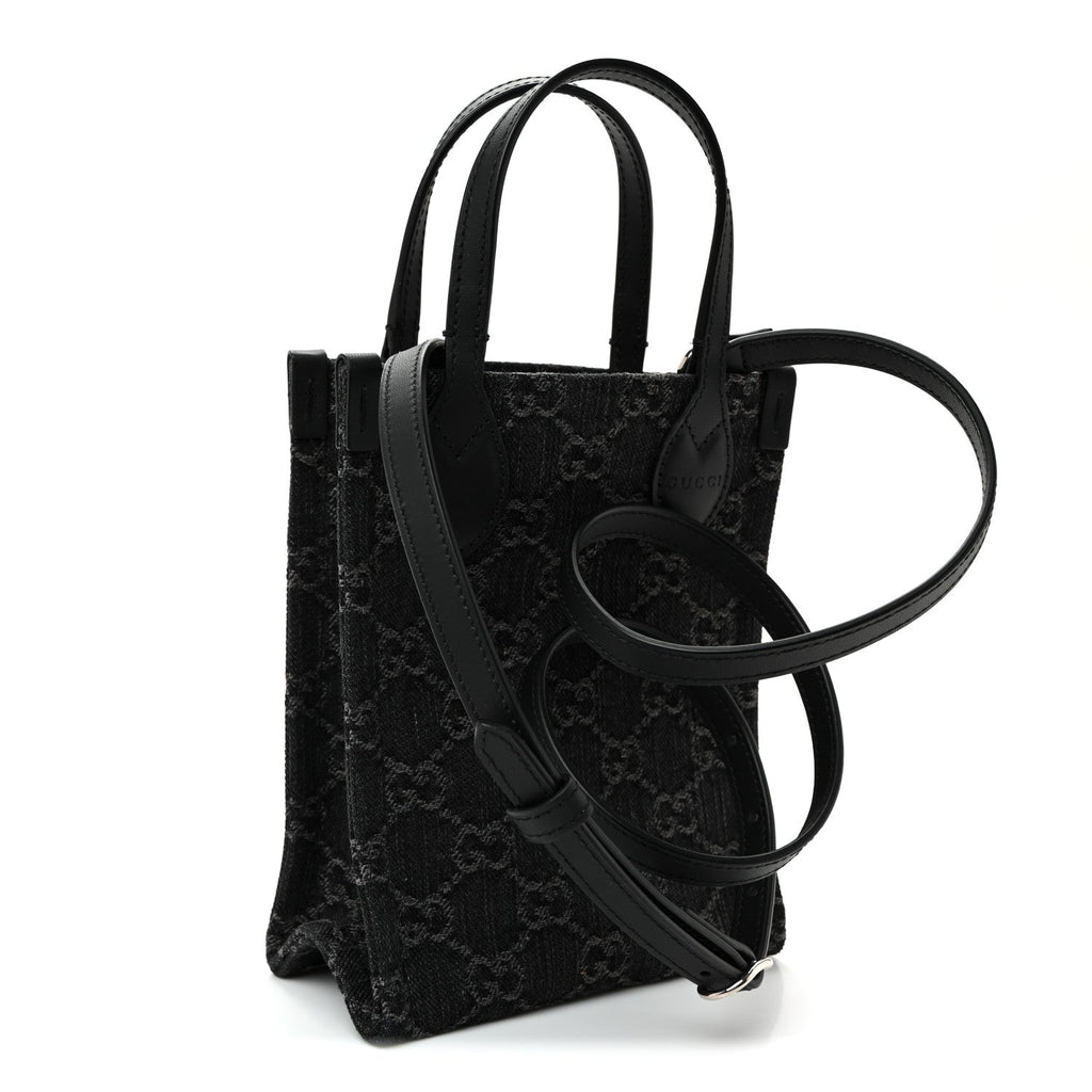 Gucci Denim Cuoio Harness GG Monogram Mini Ophidia Tote Bag Black Medium Grey