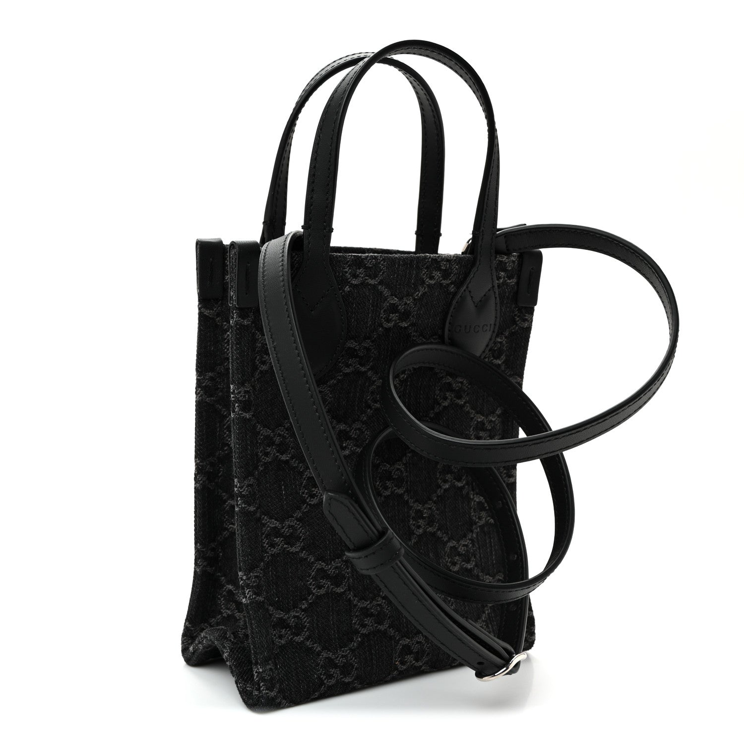 Gucci Denim Cuoio Harness GG Monogram Mini Ophidia Tote Bag Black Medium Grey