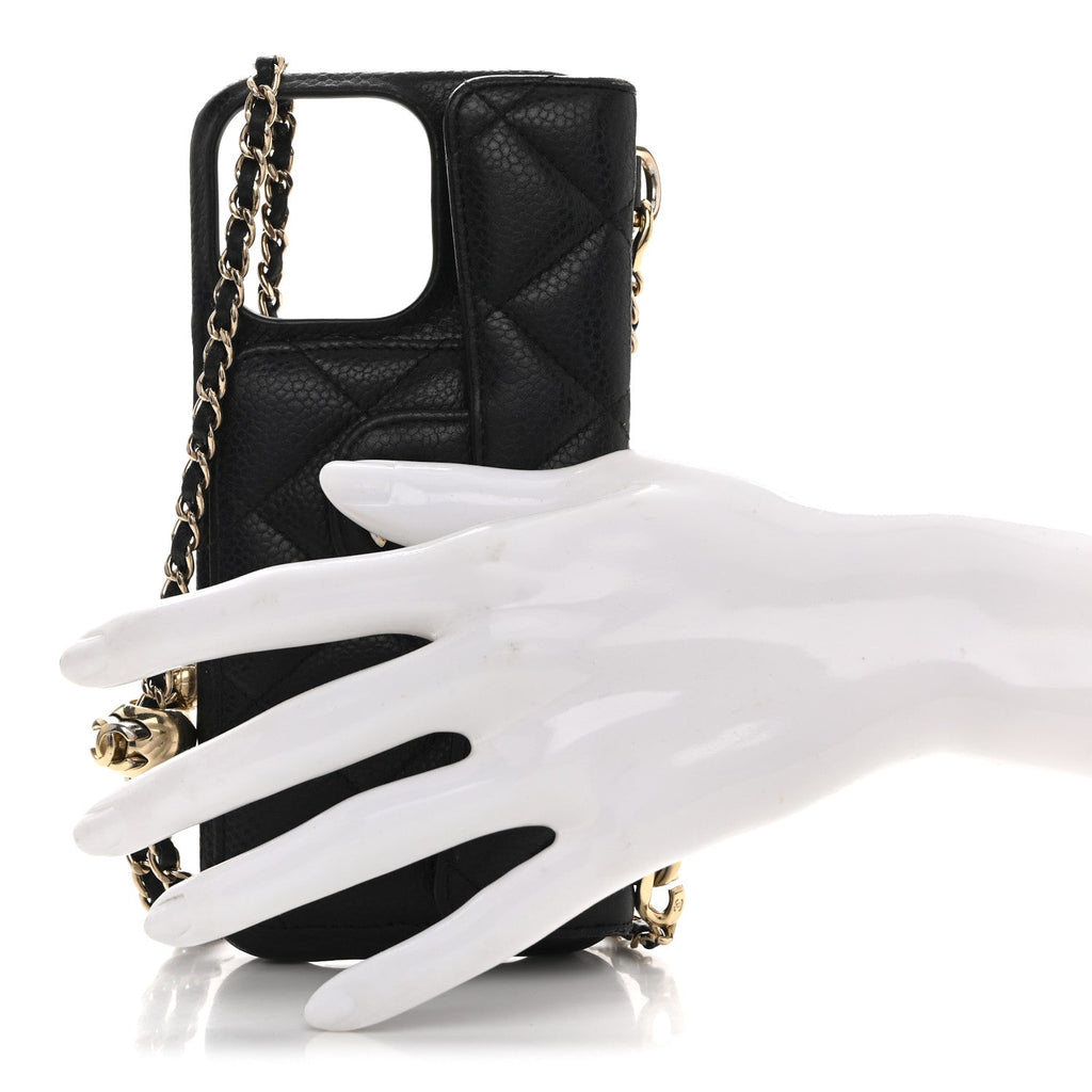 Caviar Quilted Pearl Crush iPhone 16 Pro Max Case With Chain Black