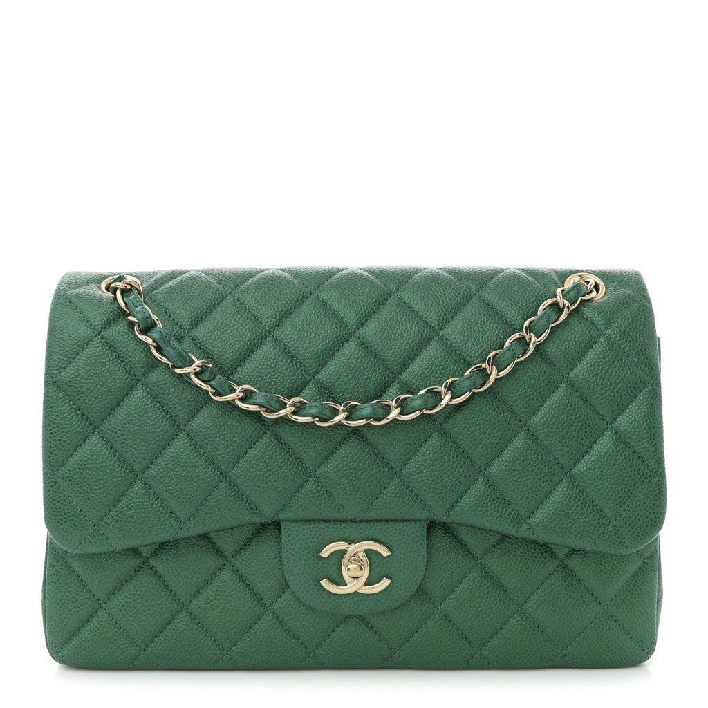 Chanel Metallic Caviar Quilted Jumbo Double Flap Green