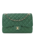 Chanel Metallic Caviar Quilted Jumbo Double Flap Green