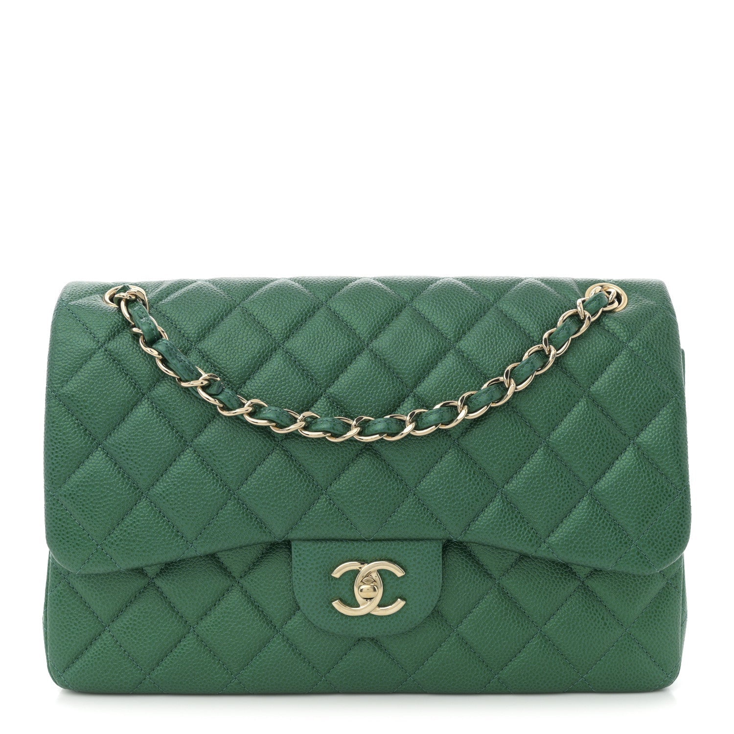 Chanel Metallic Caviar Quilted Jumbo Double Flap Green