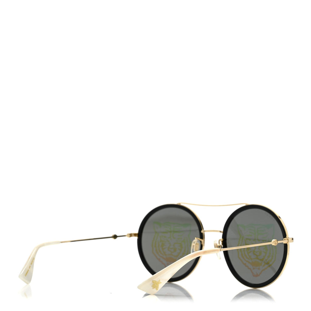 Gucci Metal Round Frame Tiger Print Sunglasses GG0061S Gold