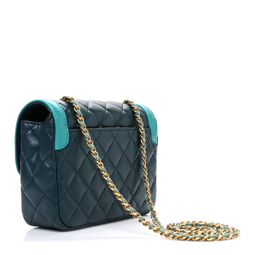 Chanel Lambskin Quilted Mini Two Tone Day Flap Navy Turquoise