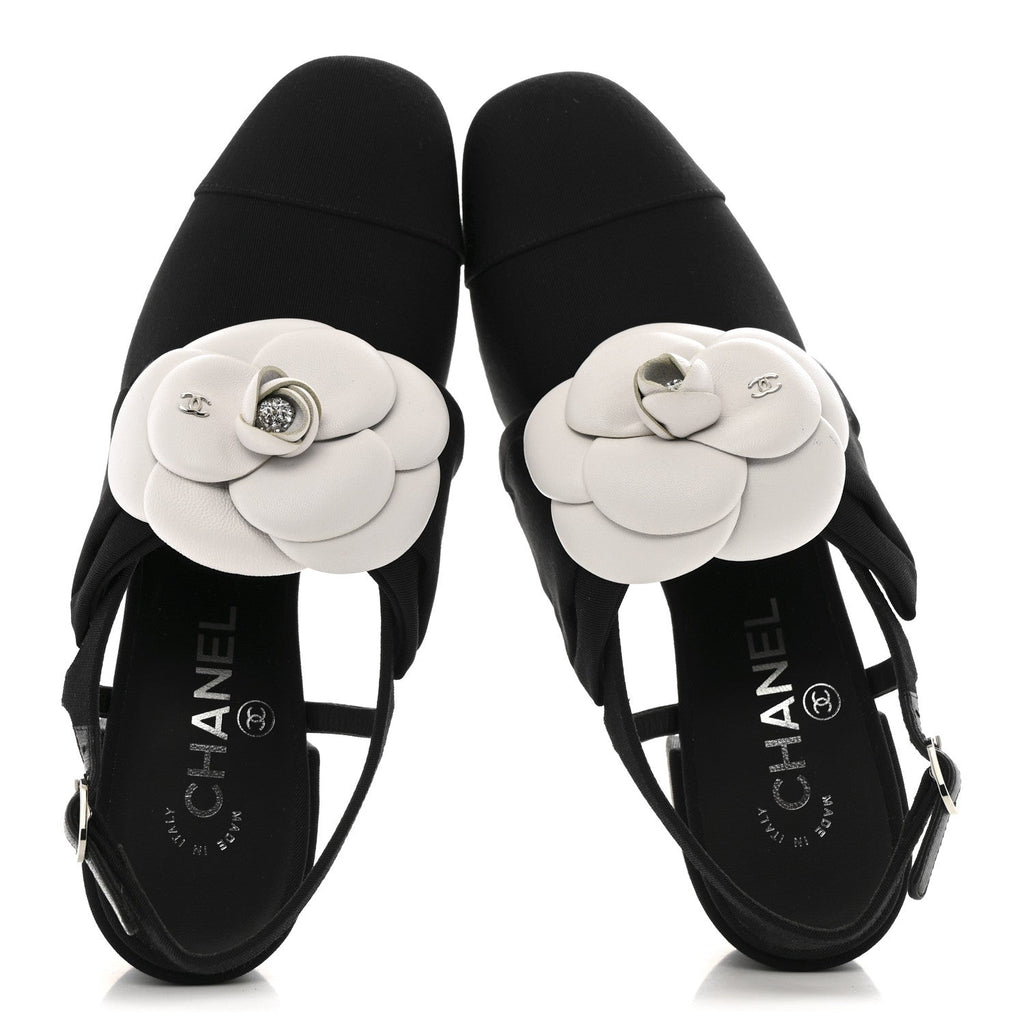 Grosgrain Lambskin Cap Toe Camellia Bow Slingback Pumps 37.5 Black