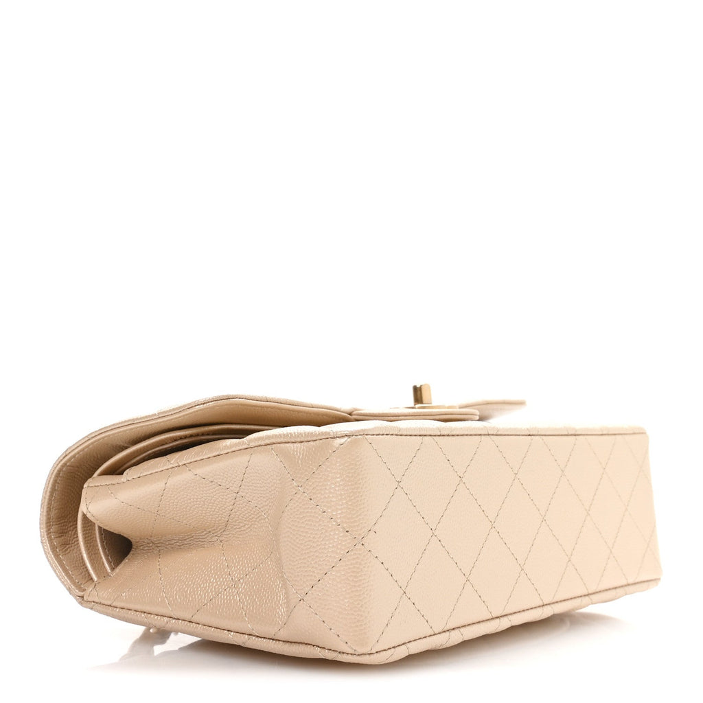 Chanel Metallic Caviar Quilted Small Double Flap Beige