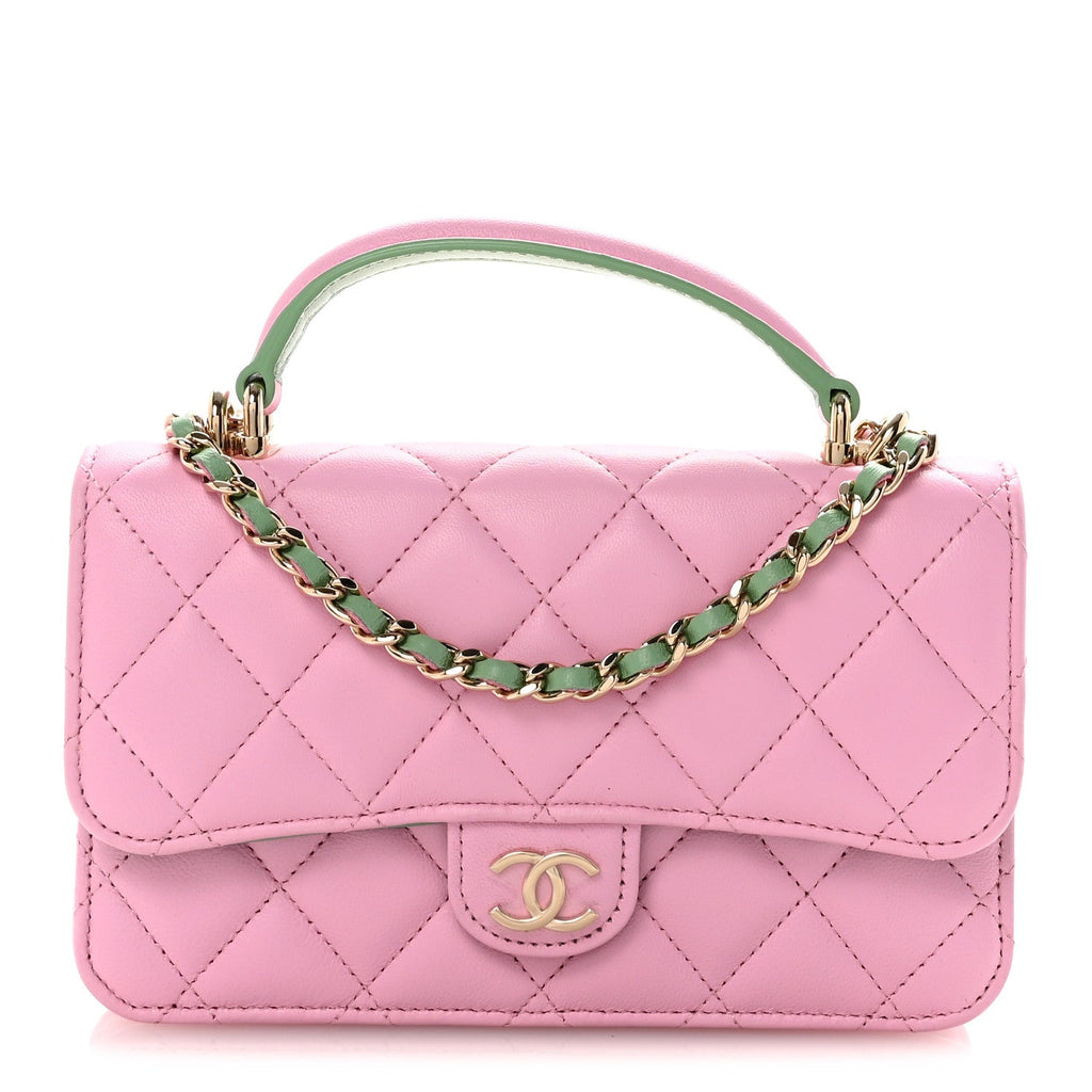 Chanel Lambskin Quilted Flap Phone Holder With Chain Lilac Light Green