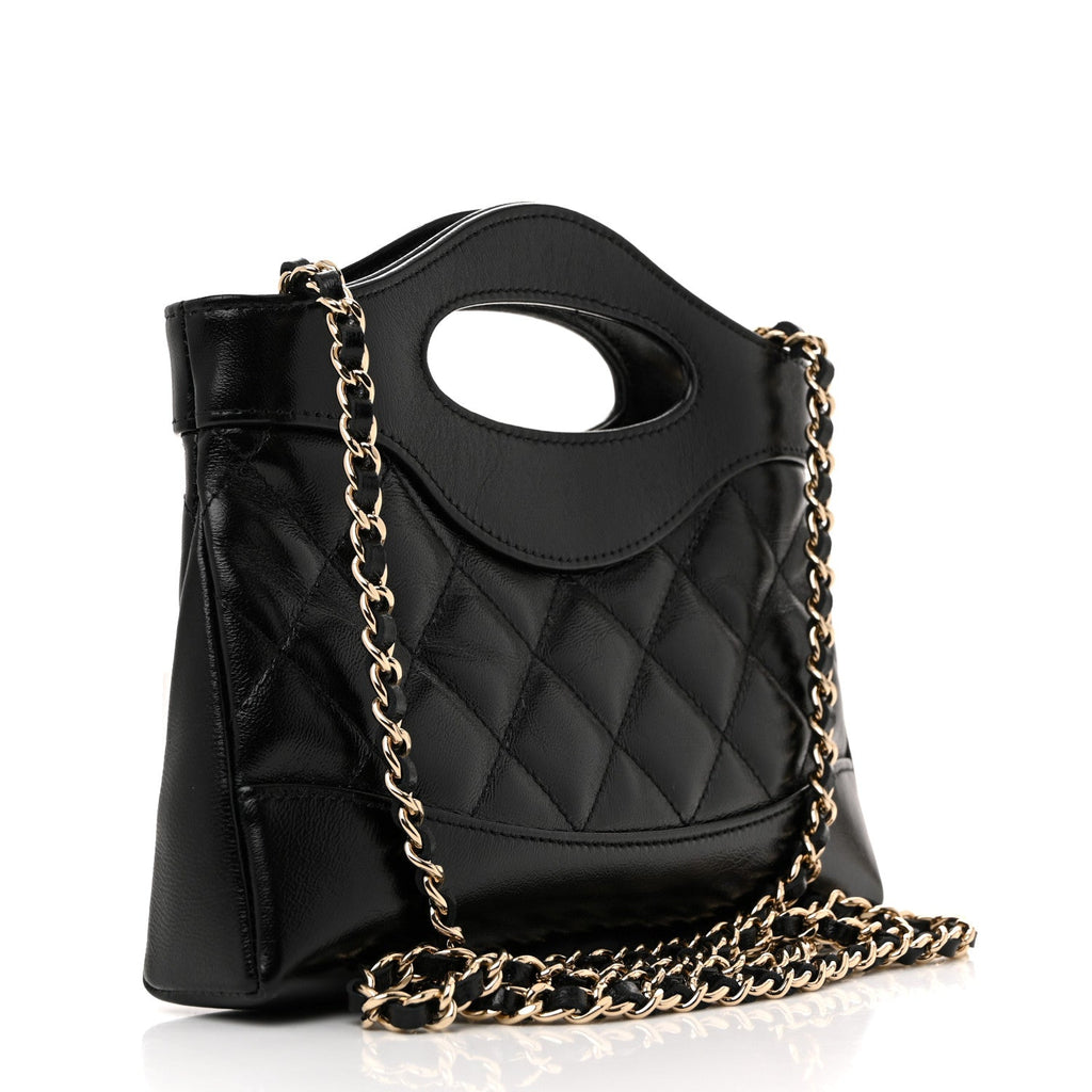 Chanel Shiny Crumpled Calfskin Quilted Nano 31 Shopping Bag Black