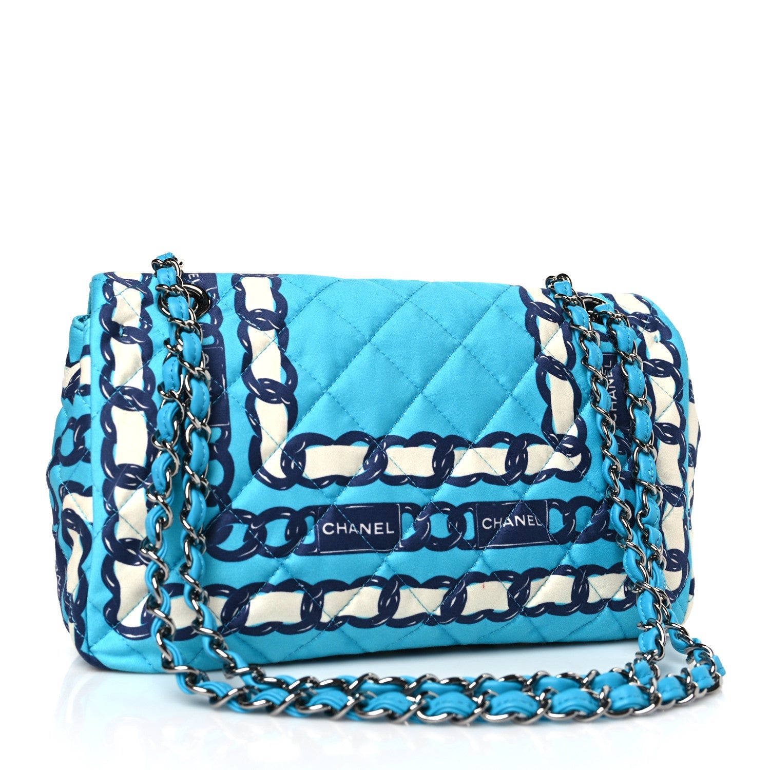 Chanel Silk Chain Printed Medium Single Flap Blue