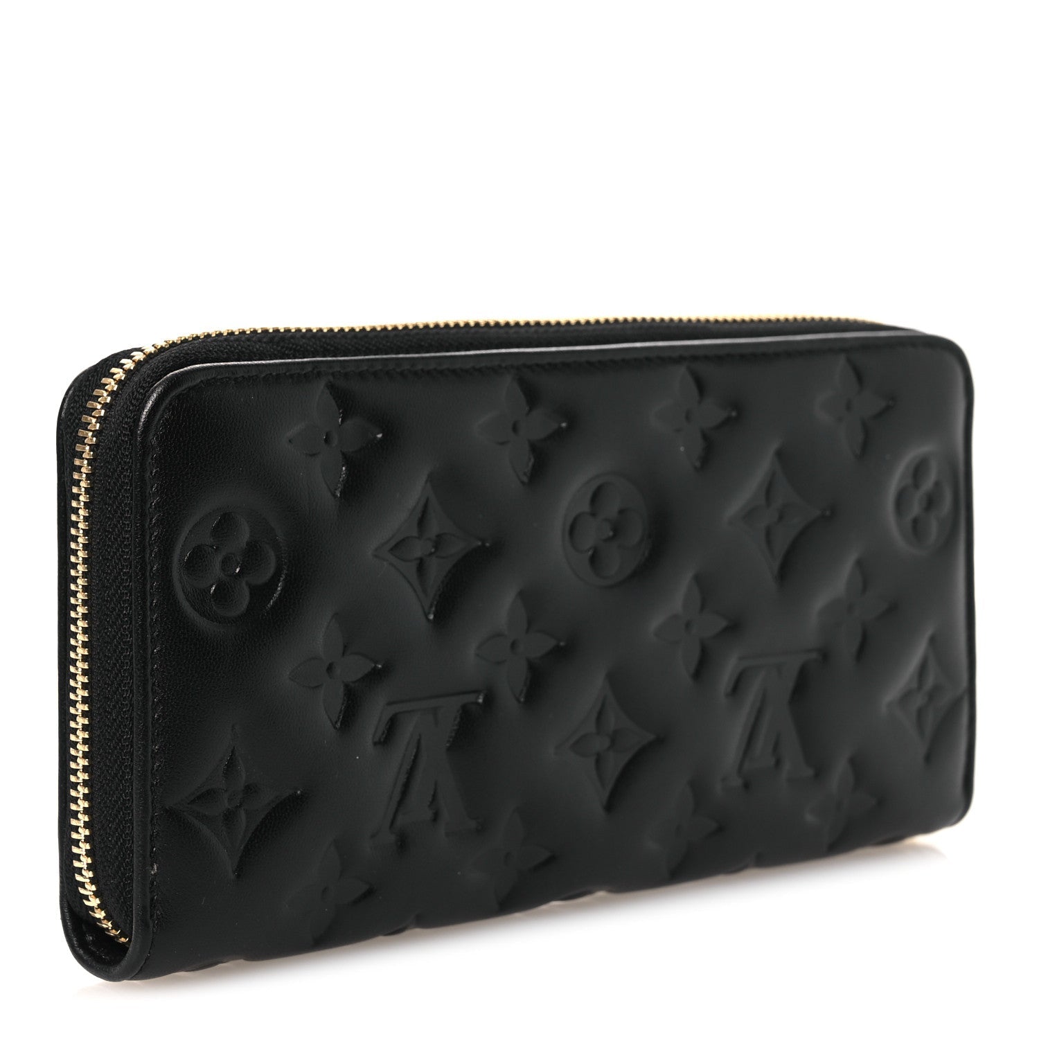 Louis Vuitton Lambskin Embossed Monogram Coussin Zippy Wallet Black