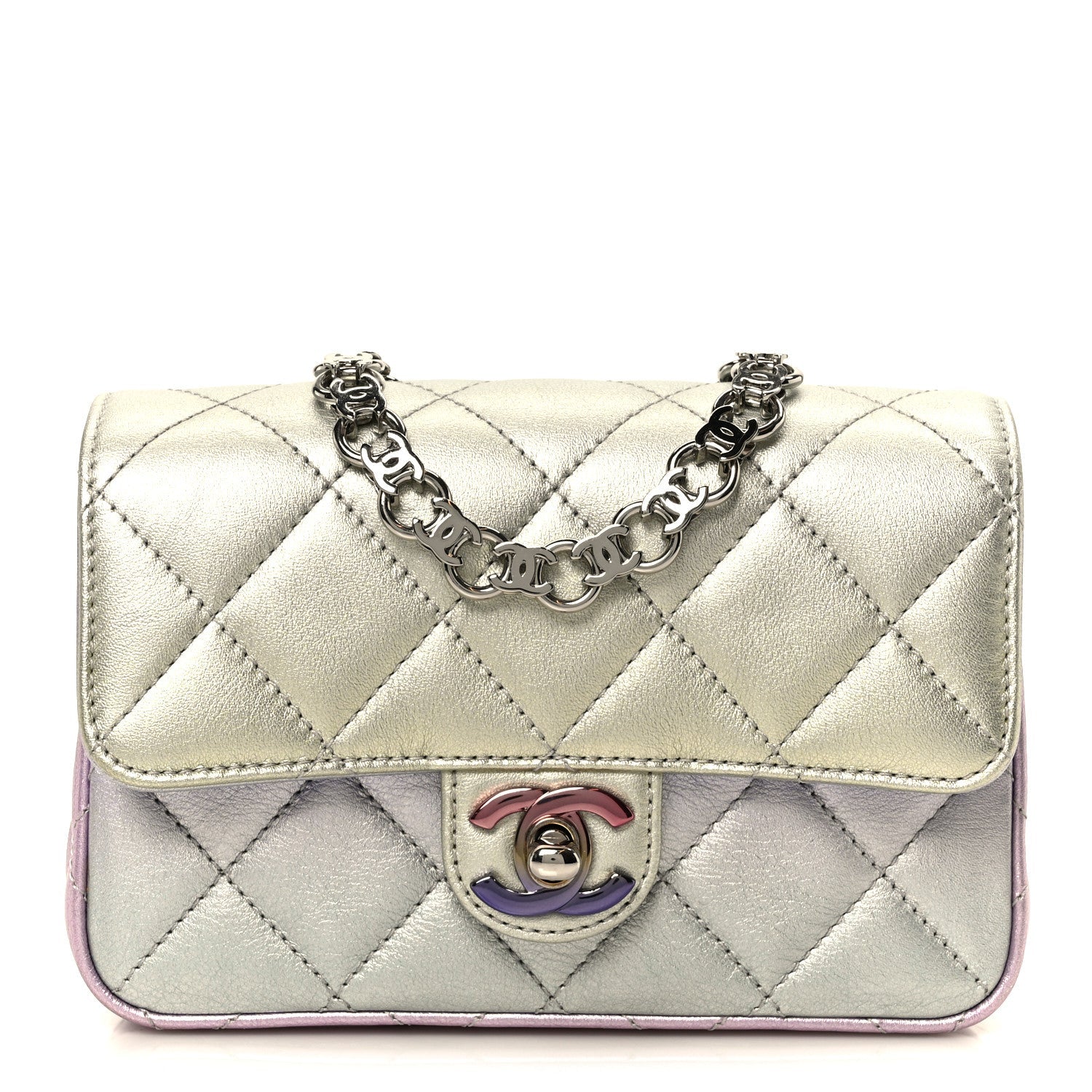Chanel Gradient Metallic Calfskin Quilted Clutch Silver Blue Yellow Purple