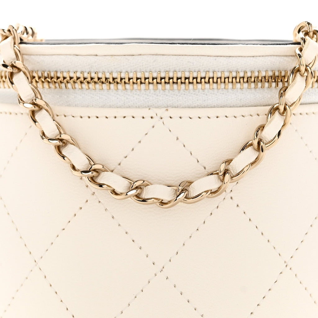 Chanel Lambskin Quilted Round Small Vanity Case With Chain White Black