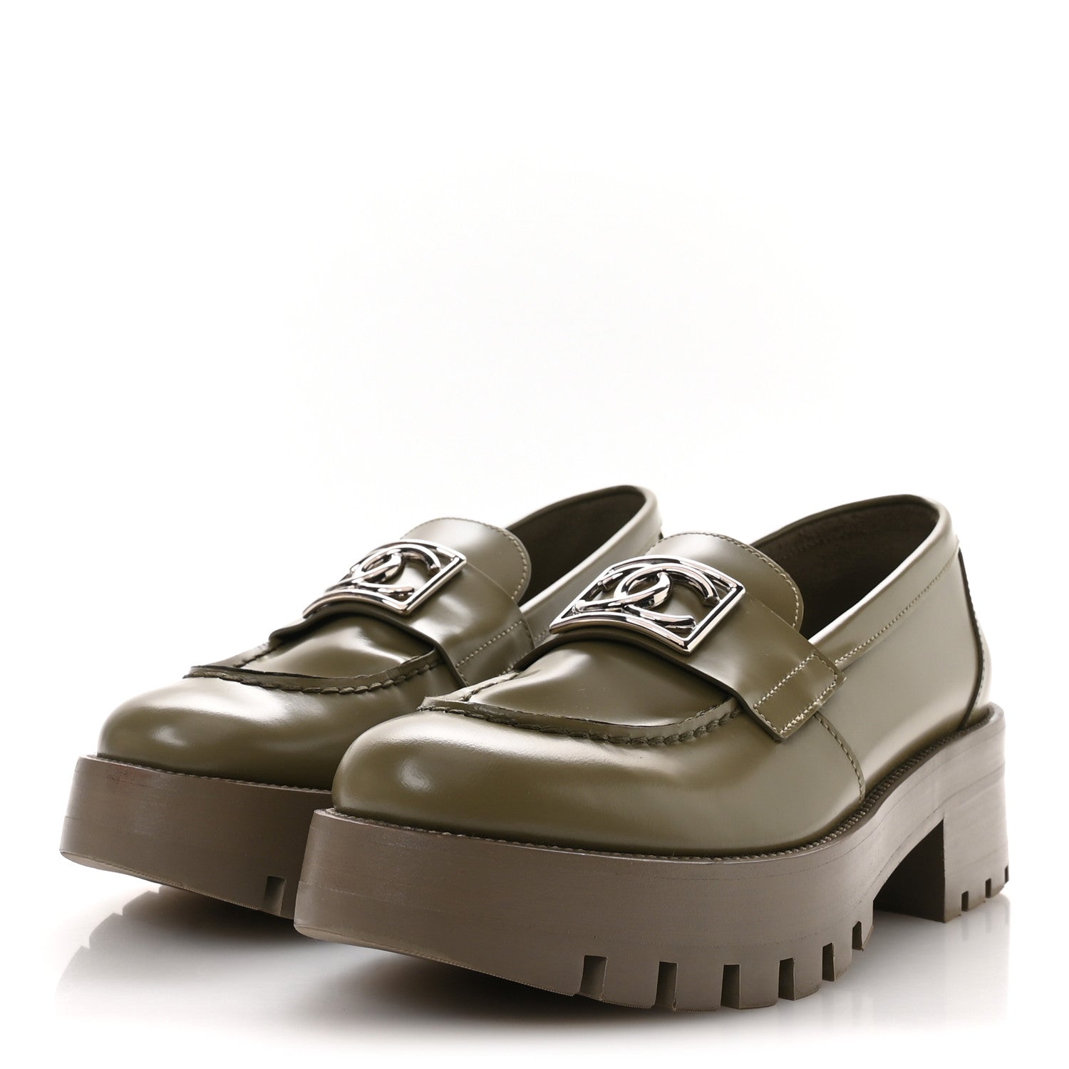 Calfskin Metal CC Loafers 37.5 Khaki
