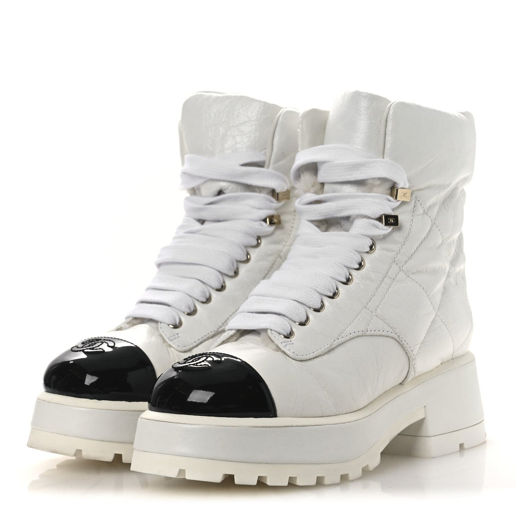 Crumpled Patent Lambskin Calfskin Quilted Lace Up Combat Boots 37 White Black