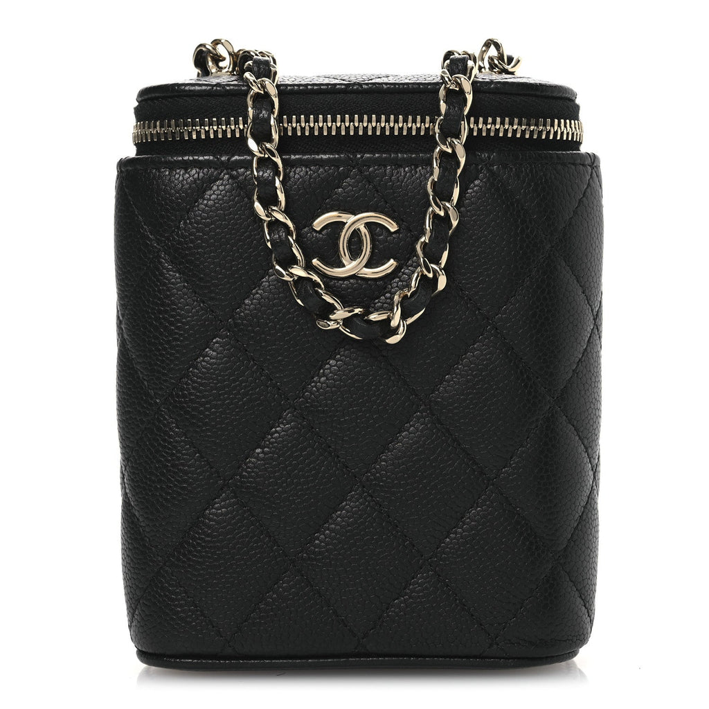 Chanel Caviar Quilted Small Vertical Coco Beauty Vanity Case With Chain Black