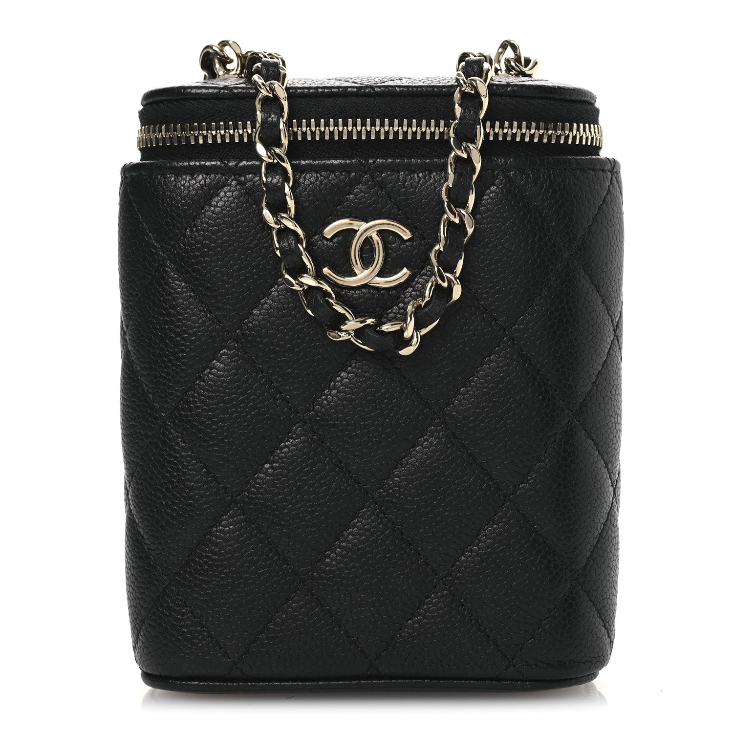 Chanel Caviar Quilted Small Vertical Coco Beauty Vanity Case With Chain Black