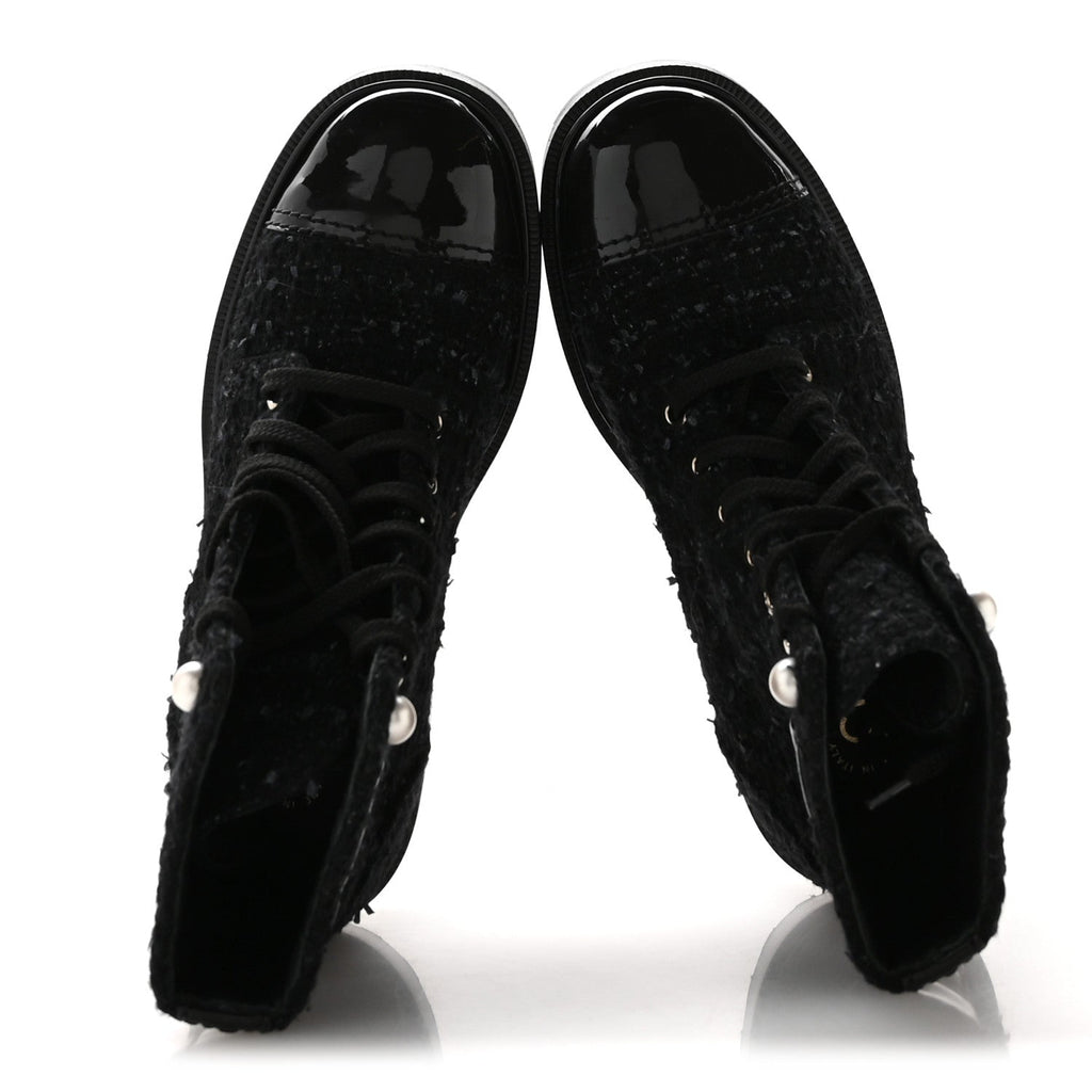 Chanel Tweed Patent Calfskin Pearl Combat Short Boots 37  Black Grey Blue